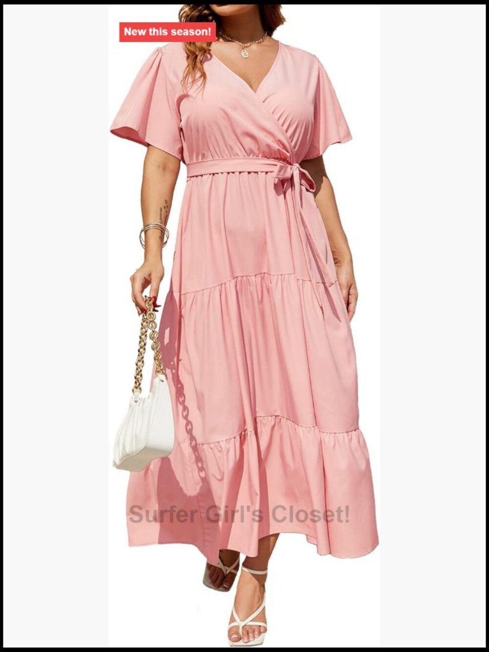 Plus Size V Neck Wrap Maxi Dress Short Sleeve Flutter Sleeve with Belt